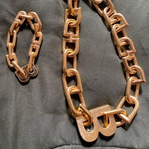BALENCIAGA Womens XXL gold brass B chain necklace/choker and matching bracelet